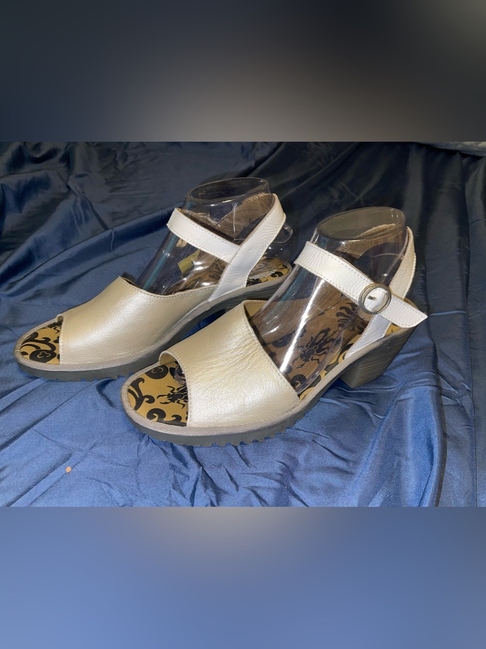 Fly London Women's Leather Silver & White Ankle-Strap Block Heel Sandals